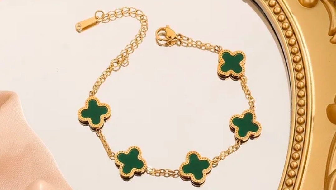 Bracelet Trèfle Émail Vert — Chaîne Dorée
