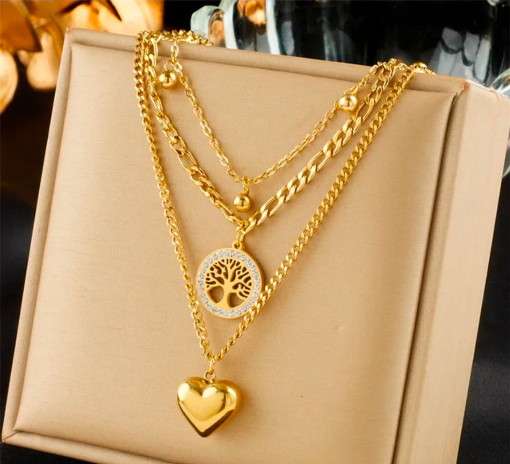 Collier Multicouche Cœur & Arbre de Vie Doré