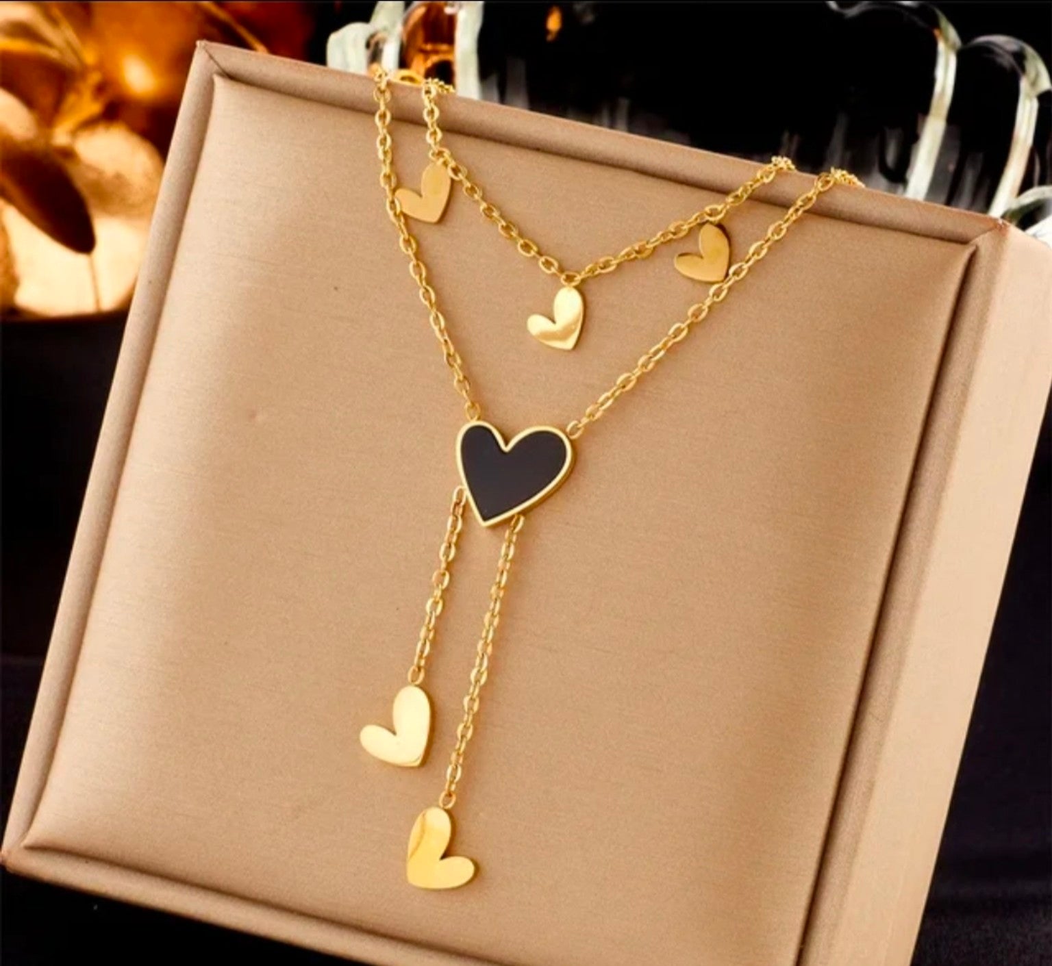 Collier Cœur Noir Multicouche Doré