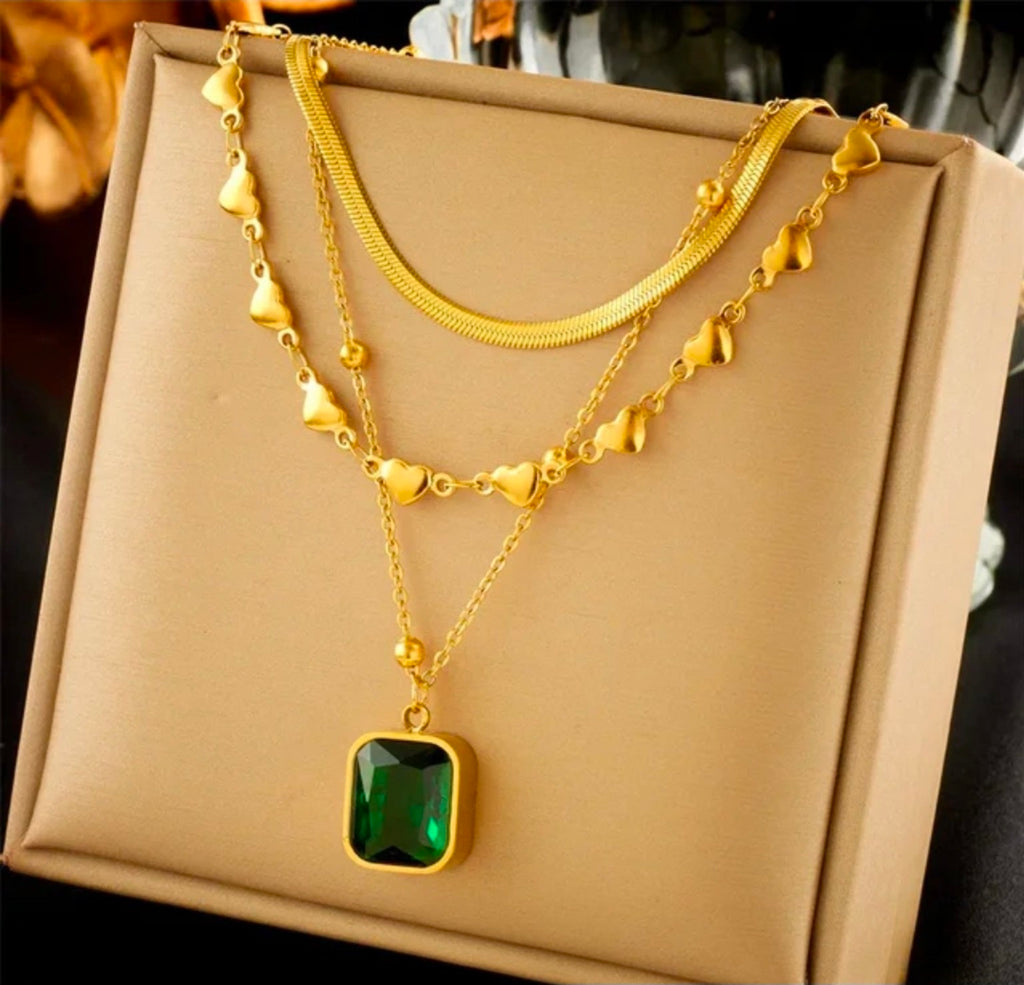 Collier Multicouche Cœur & Pierre Verte