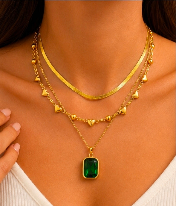 Collier Multicouche Cœur & Pierre Verte