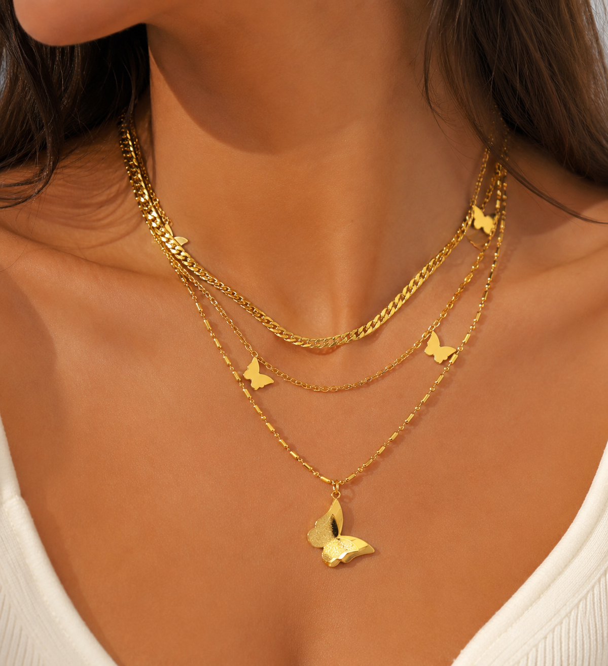 Collier Papillon Multicouche Doré